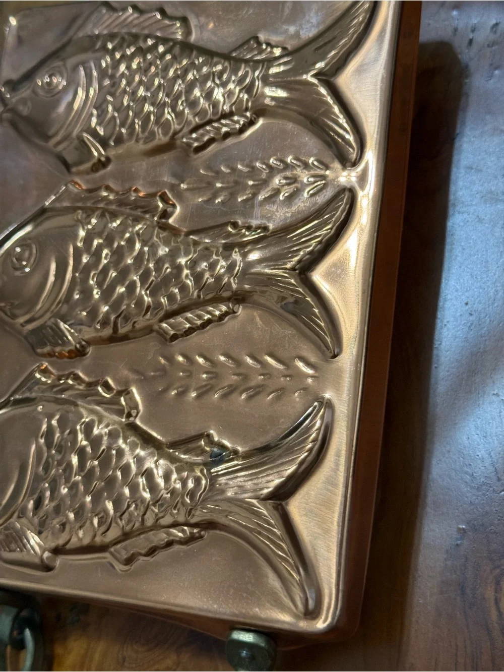 Vintage Copper Plated Fish Mold. Koi Fish. Brass and Iron Handles. Kitchen decor
